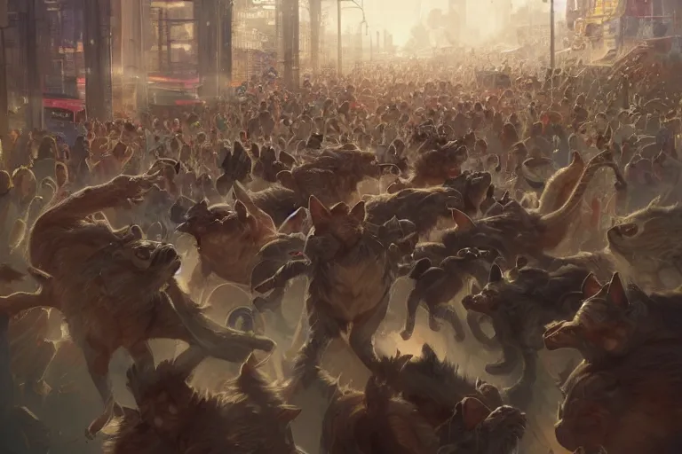 Prompt: subway mayhem as people rush to get on the train that is a chimera cat train, highly detailed, digital painting, artstation, concept art, smooth, sharp focus, illustration, art by greg rutkowski