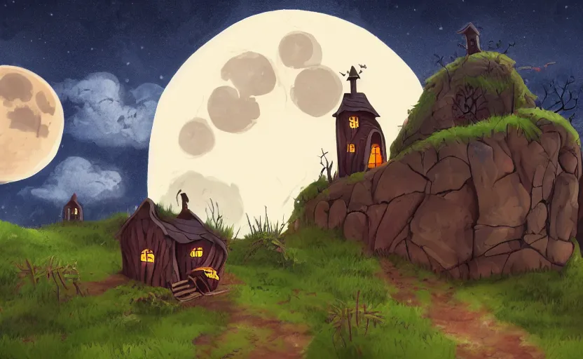 Image similar to a witch's shop on a lonely hill against a giant moon, storybook, gouache, flat, concept art, lush