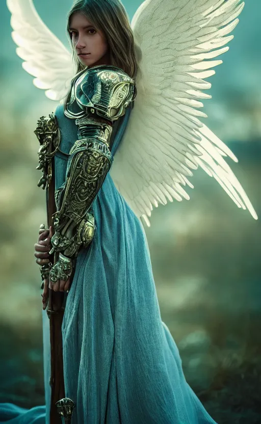 Image similar to angel, big wings, low key light, full plate armor with cloth, f 2. 8, bokeh, medium portrait, gentle, female, ornate city ruins, landscape, d & d, fantasy, intricate, elegant, highly detailed, teal white gold color palette, roger deakins, sharp focus, greg rutkowski and alphonse mucha