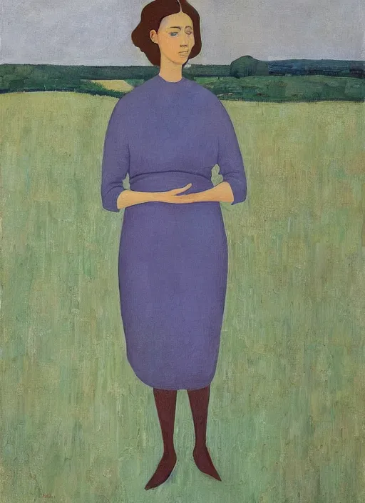 Prompt: a painted portrait of a confident women standing outside, art by felice casorati, aesthetically pleasing and harmonious natural colors, expressionism, natural light, fine day, portrait