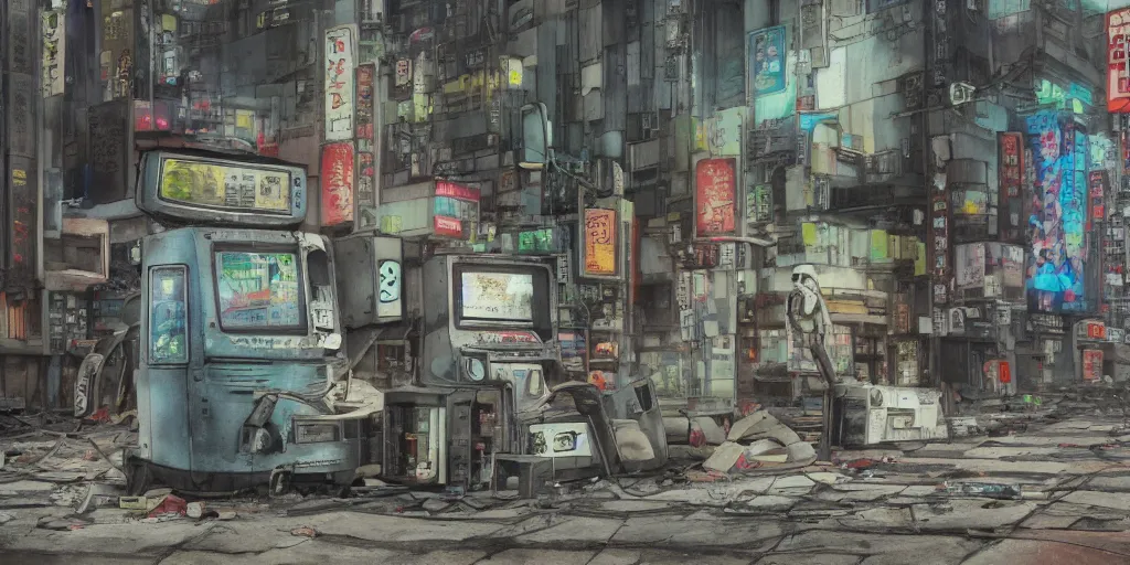 Prompt: a broken robot lying in a deserted shinjuku junk town, watercolor, ghost in the shell, soft bloom lighting, paper texture, bright sun bleached ground, vending machine, robot lurks in the background, koji morimoto, katsuya terada, genius party, animatronic, black smoke, pale, beige sky pencil marks, hd, 4k, remaster, dynamic camera angle, fish eye, dynamic scene