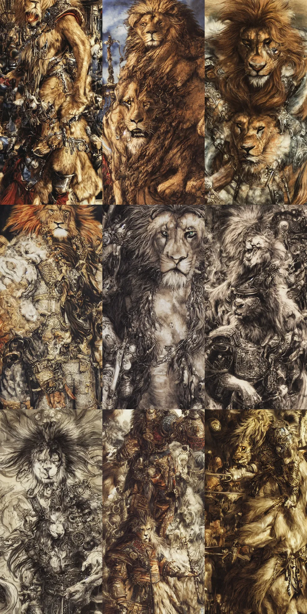 Image similar to 8 k yoshitaka amano painting of upper body of a young cool looking lion beastman with white mane at a medieval market at windy day. depth of field. he is wearing complex fantasy clothing. he has huge paws. renaissance style lighting.