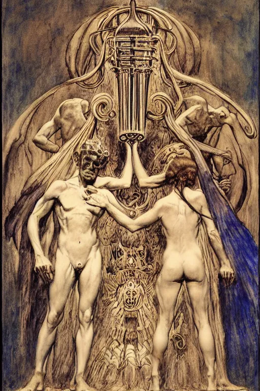 Image similar to occult diagram of the trumpet of spirit conversation in the style of wayne barlowe, gustav moreau, goward,  Gaston Bussiere and roberto ferri, composition by austin osman spare