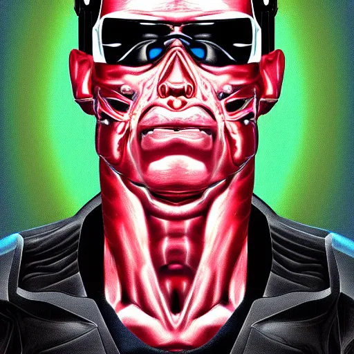 Image similar to portrait of terminator, highly detailed, centered, solid color background, digital painting