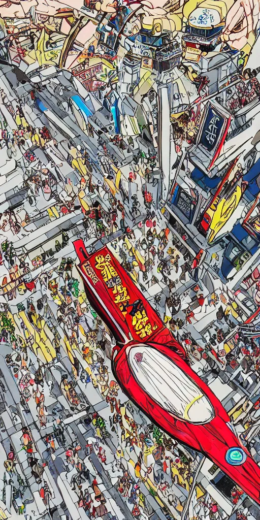 Image similar to a birds eye view focused on a man in a chariot in tokyo, drawn like the anime speed racer, full color