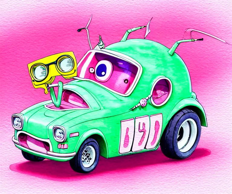 Image similar to cute and funny, pink colored squid wearing goggles riding in a tiny hot rod with oversized engine, ratfink style by ed roth, centered award winning watercolor pen illustration, isometric illustration by chihiro iwasaki, edited by range murata, tiny details by artgerm and watercolor girl, symmetrically isometrically centered