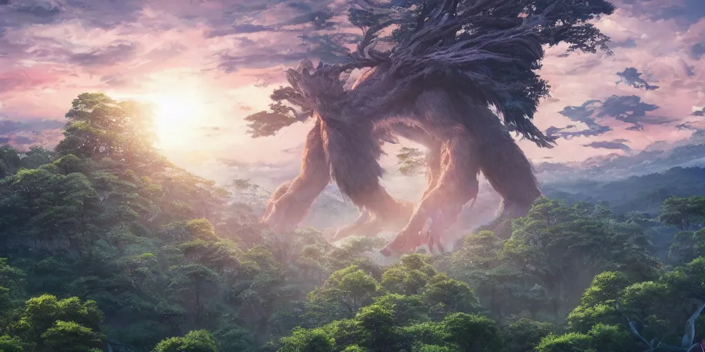 Image similar to close up of a giant monster rising from a forest. view from tree tops, 4 k, artgerm, high detail, dramatic lighting, sunset, hayao miyazaki, masashi ando, nizou yamamoto, kazuo oga, joe hisaishi, yoji takeshige, naoya tanaka