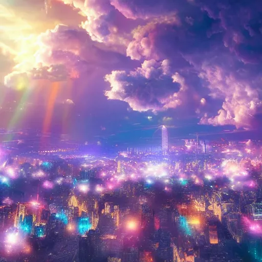 Prompt: cloud city made of multicoloured jewels, fantasy, fluffy clouds, sun rays reflecting off of city, cinematic, octane render, art station, dramatic lighting, beautiful moonlight night, concept art, rococo, photorealistic, intense detail, 8 k