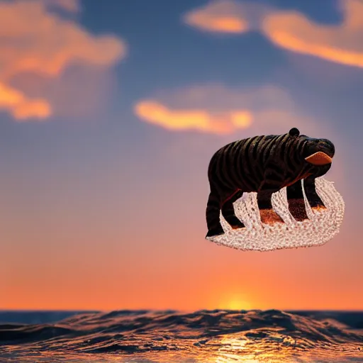 Image similar to a closeup photorealistic photograph of a cute smiling knitted tiger hippopotamus chasing a beachball at sunset. surf in the background. professional capture. this 4 k hd image is trending on artstation, featured on behance, well - rendered, extra crisp, features intricate detail, epic composition and the style of unreal engine.