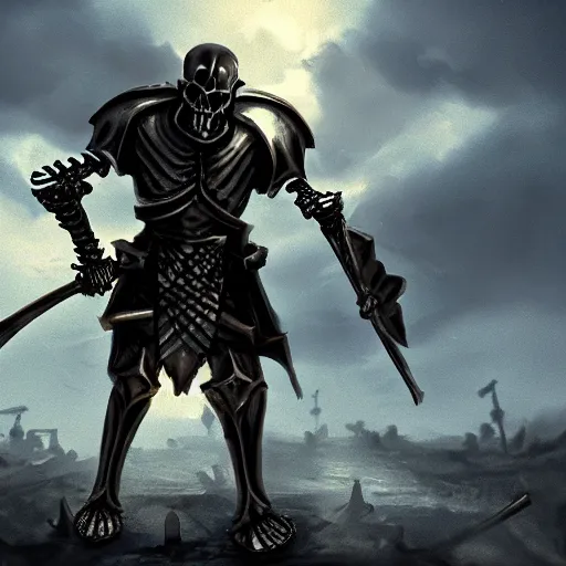 Image similar to in the style dnd a skeleton knight in black full plate armor standing on the battlefield surrounded by dead bodies, golden hour, shallow depth of field, moody lighting, 8 k, concept art,