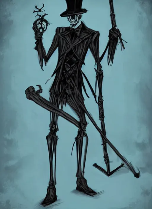 Image similar to DND character concept, skeletal male figure, wearing a deep black suit!!! and tie and top hat, holding a gold! cane!. Surrounded by light blue!!! flames!!