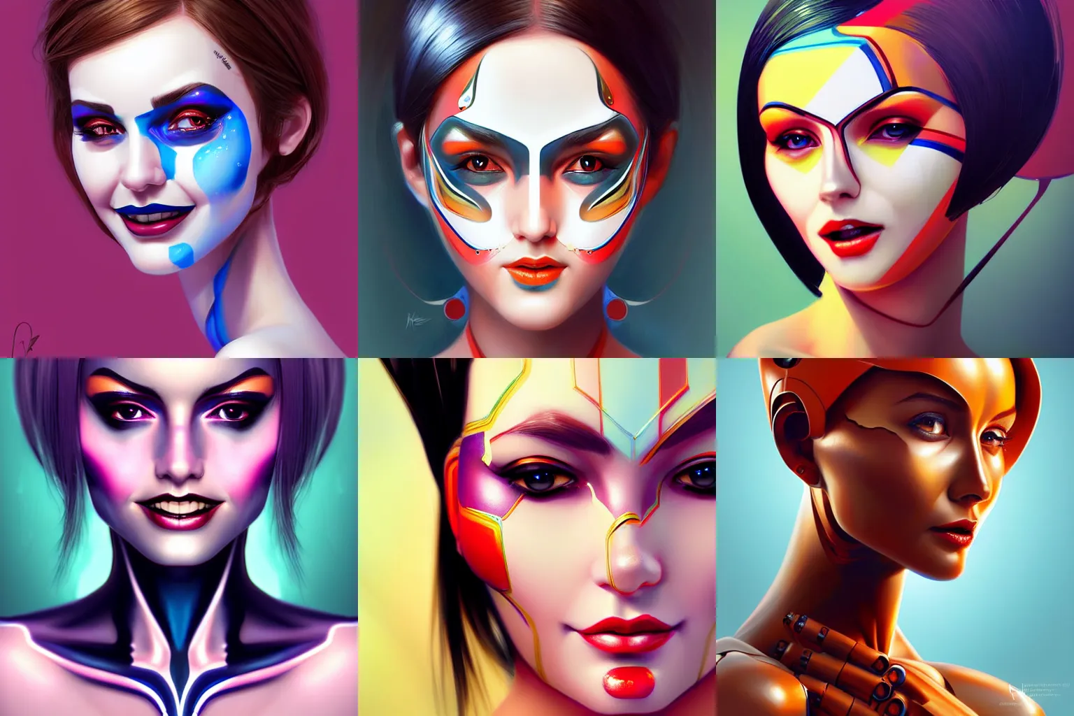 Prompt: android robot woman face painting, looking straight to camera, moderate colors, ornate, digital art, cute smile, winning artwork, digital painting, professional art, elegant, by Ilya Kuvshinov, by artgerm