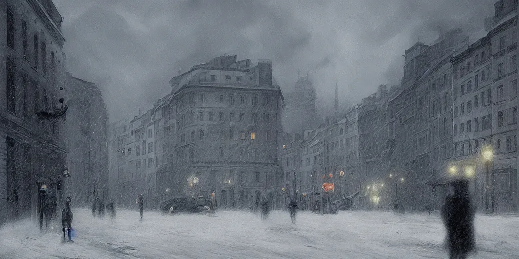 Image similar to 1 9 2 0 s warsaw during an arctic storm, dark, digital art, by james gurney