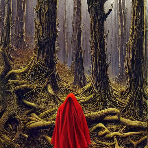 Prompt: little red riding hood as a complex robotic monster, cyborg arms wrapped around trees, dark scary woods, illustrative style, intricately detailed, Artwork by Ted Nasmith