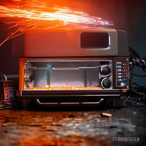 Image similar to overcharging toaster oven, tangles of metallic cables, dark messy smoke - filled cluttered workshop, dark, dramatic lighting, orange tint, sparks, plasma charges, cinematic, highly detailed, sci - fi, futuristic, movie still