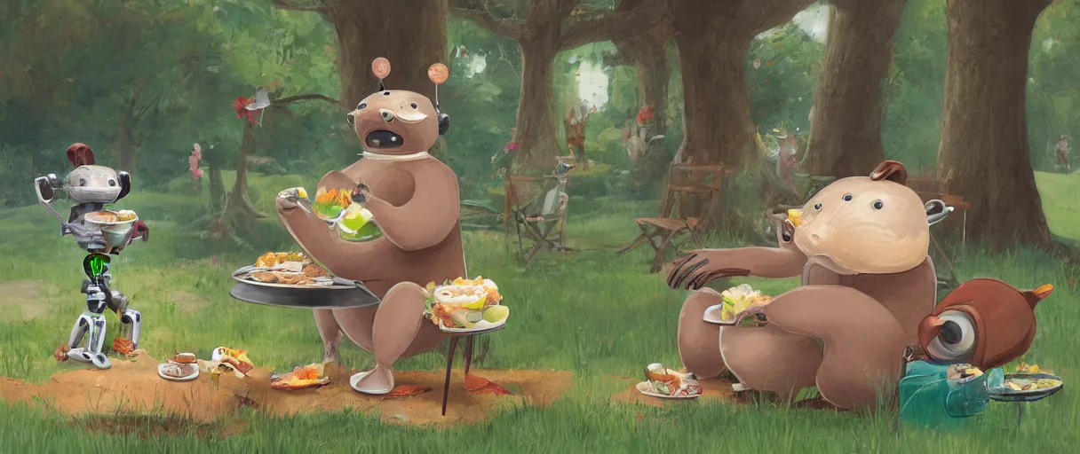 Prompt: a beautiful illustration of a strange anthropomorphic beaver robot hybrid having lunch in the park by James Jean | unreal engine:.6