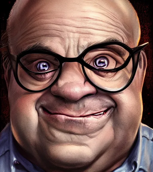 Image similar to An epic fantasy comic book style portrait painting of Danny DeVito, fisheye lens, unreal 5, DAZ, hyperrealistic, octane render, cosplay, RPG portrait, dynamic lighting