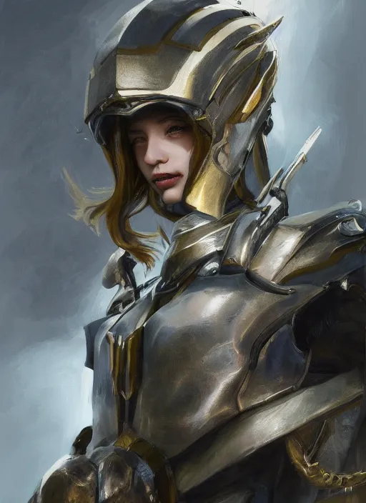 Image similar to a professional painting of a beautiful young female, wearing a dragon-shaped metallic helmet, clothed in battle armor, olive skin, long dark hair, beautiful bone structure, symmetrical facial features, intricate, elegant, digital painting, concept art, smooth, sharp focus, illustration, from Metal Gear, by Ruan Jia and Mandy Jurgens and Greg Rutkowski and Artgerm and William-Adolphe Bouguerea