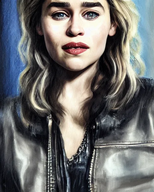 Image similar to beautiful oil on canvas portrait of beautiful Emilia Clarke with invitin expression in sons of anarchy tv show, wearing samcrow leather jacket, D&D style , highly detailed, digital art, trending on artstation, smooth, sharp focus, illustration, art by artgem and ROBERT HYNES