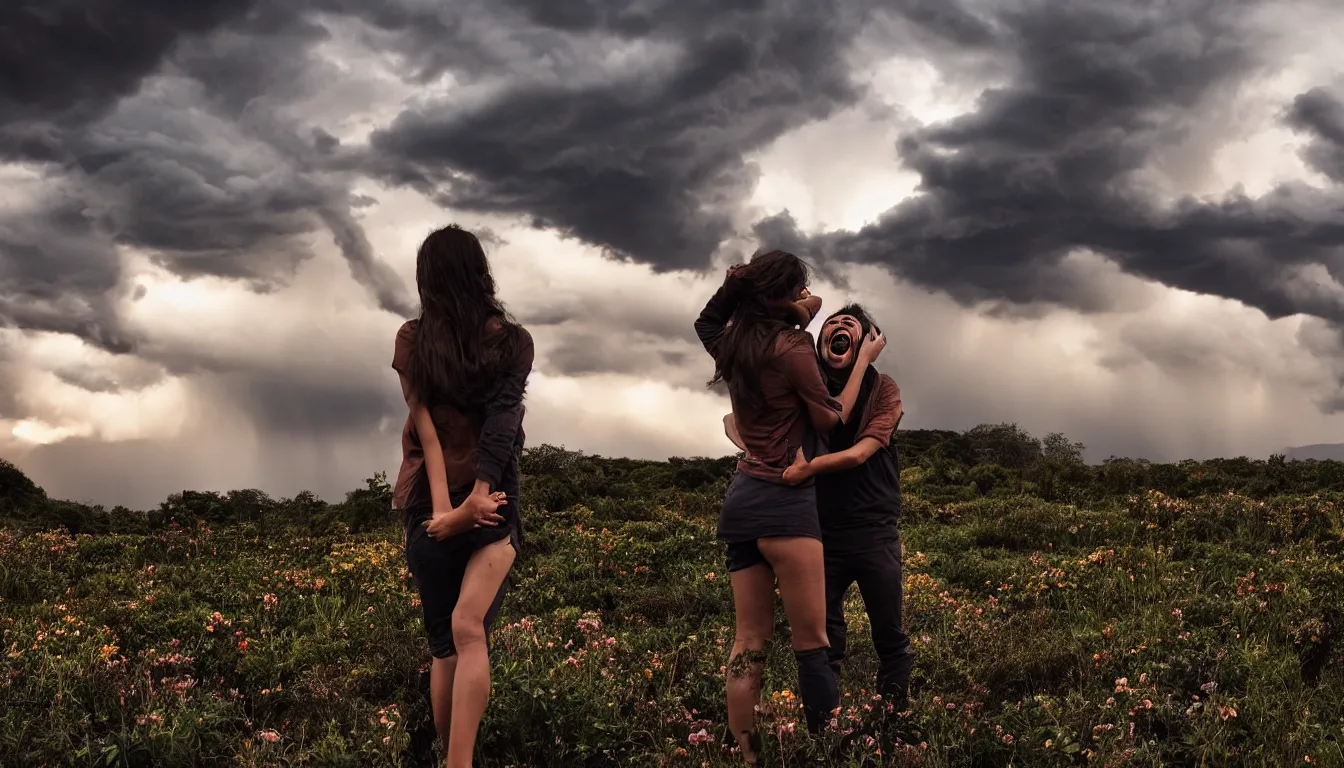 Image similar to humans , emerging hands and beautiful women’s and men screaming laughing and crying face ,biodiversity all round , dramatic dusk light illuminate , stormy clouds gather in the distance , full colour , upscale , 8k