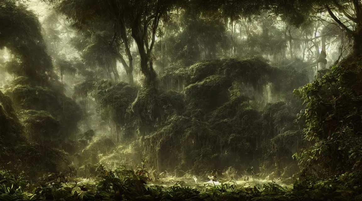 Image similar to dangerous jungle with huge leaves. edward gorey, andreas achenbach, artgerm, mikko lagerstedt, zack snyder, tokujin yoshioka