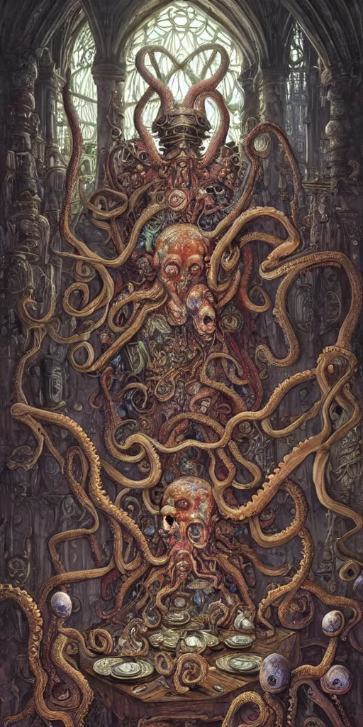 Image similar to mages with human bodies and magical armour with octopus heads sitting near the table in an ancient mage castle with enormous scale, gothic and baroque, brutalist architecture, ultradetailed, Intricate by James Jean and Josan Gonzalez and John Howe and Giuseppe Arcimboldo