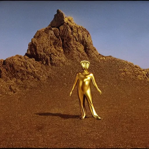 Image similar to salvador dali wearing a golden costume with jewels and golden crown, in a dry rocky desert landscape, visible sky and sunny atmosphere, fata morgana film still from the movie by alejandro jodorowsky with cinematogrophy of christopher doyle and art direction by hans giger, anamorphic lens, kodakchrome, very detailed photo, 8 k