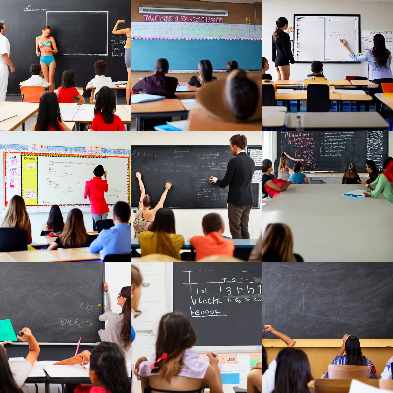 Prompt: teacher in bikini writing on blackboard in classroom, students looking at teacher