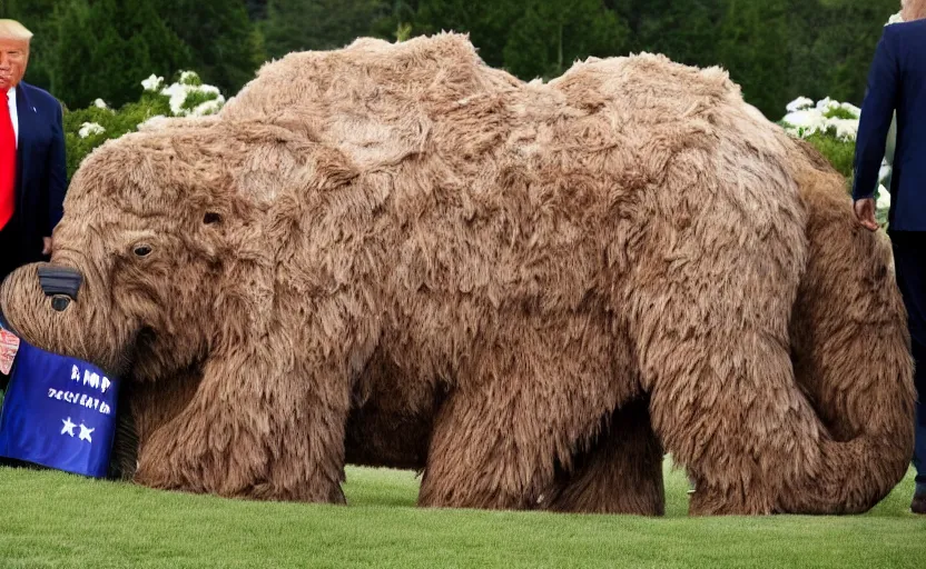 Image similar to Donald Trump in a baby mammoth costume , with an open face