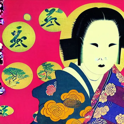 Image similar to a collage of asian art with a woman in a kimono, an album cover by tadanori yokoo, behance, neo - dada, surrealist, glitch art, ukiyo - e
