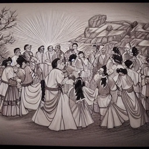 Image similar to round dance, folkloric dance, beautiful pencil drawing in anime style, sharp and precise, detailed