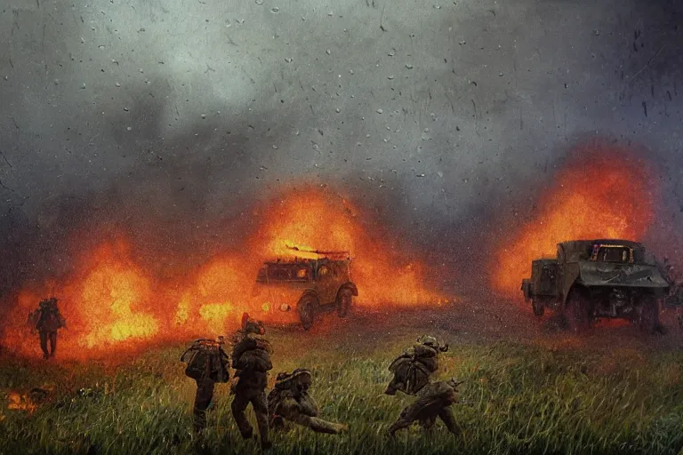 Prompt: chaotic battlefield, multiple soldiers!, thick dark smoke!, vehicles on fire, heavy rain from thick clouds, storm, overgrowth, forest, (mushroom cloud) in the background, bleak, melancholy atmosphere, band of brothers, bf1942, 4k impressionism painting by Gregory Crewdson and Grzegorz Domaradzki and Ivan Shishkin and Jakub Rozalski