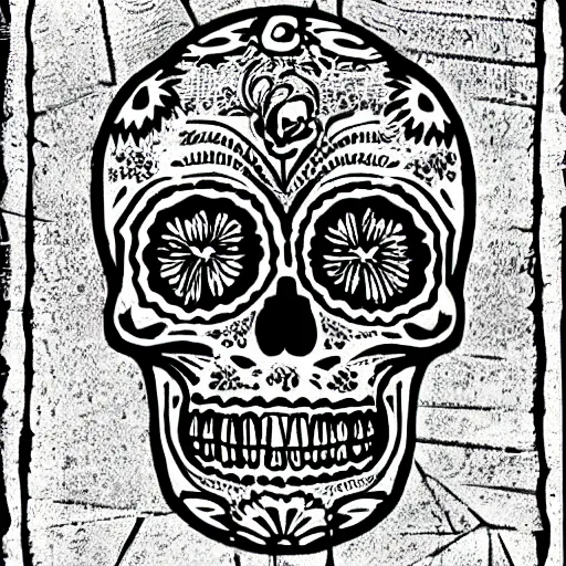 Image similar to “ sugar skull woodcut by mc escher and hp lovecraft ”