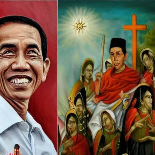 Image similar to Jokowi indonesian president as saint,with ortodhox syrian painting styles,with realistic details and authentic historical art