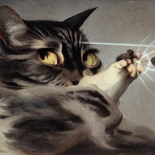 Image similar to a cat shooting laser beams from the eyes, painted by tiepolo