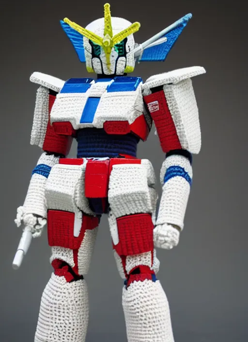 Image similar to a crochet gundam mecha, realistic, no cropping, full body, Sigma 50 mm f/1.4