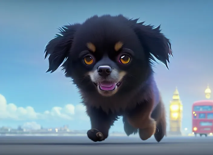Prompt: a wholesome animation key shot of a black tibetan spaniel, running after a london bus, studio ghibli, pixar and disney animation, sharp, rendered in unreal engine 5, anime key art by greg rutkowski, bloom, dramatic lighting