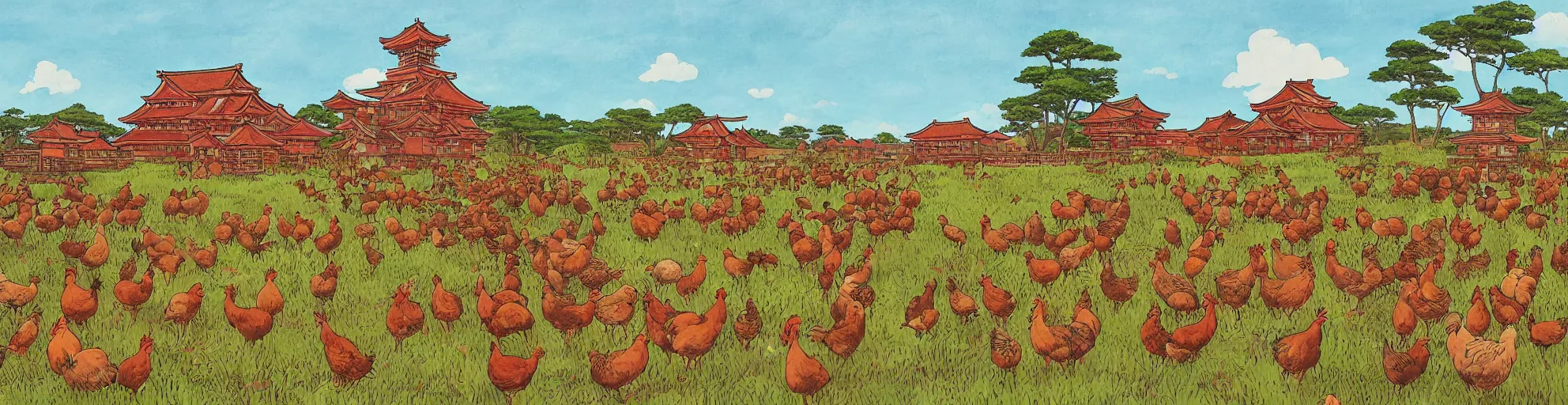 Image similar to big red and brown japanese fort in a meadow with chickens by studio ghibli painting