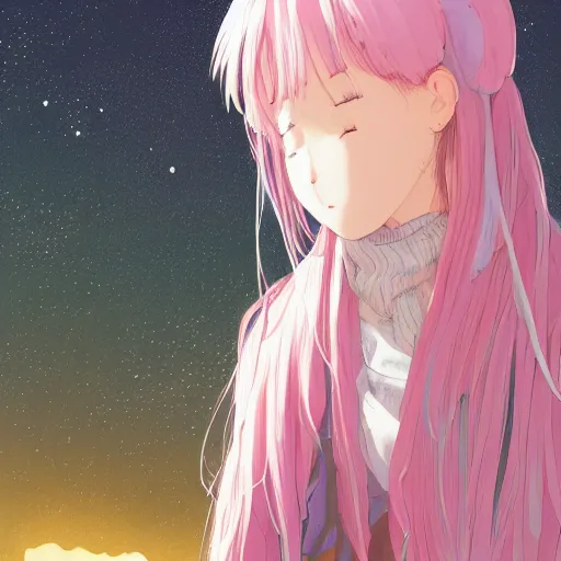 Image similar to a super detailed moe protagonist girl with pink hair in a field by inio asano, beeple and james jean, aya takano color style, 4 k, super detailed, night sky, digital art, digital painting, celestial, majestic, colorful