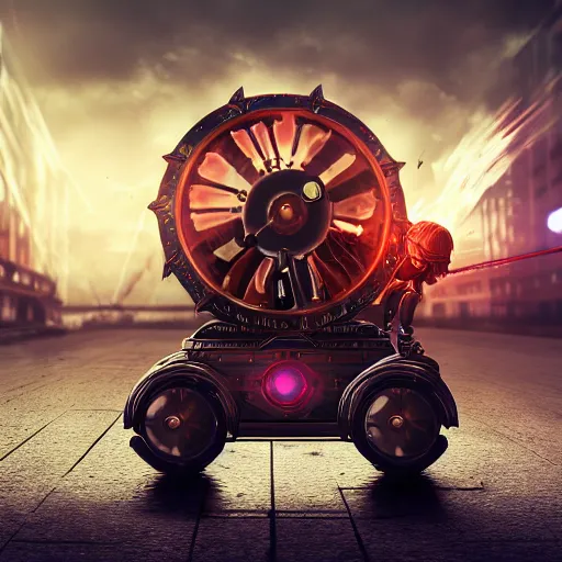 Prompt: cinematic composition, clockwork robot pushing the wheel of pain