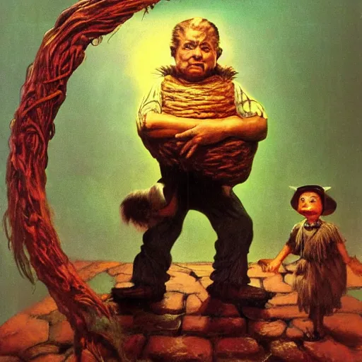 Image similar to munchkin from the wizard of oz, by lawrence alma-tadema and zdzislaw beksinski and norman rockwell and jack kirby and tom lovell and greg staples, artstation creature art