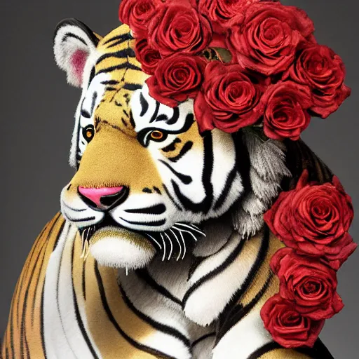 Image similar to a statue of a tiger [ made of [ roses ]!! ], [ 4 k photorealism ]!!, shot by jimmy nelson, irving penn, peter kemp, hans bellmer, and slim aarons