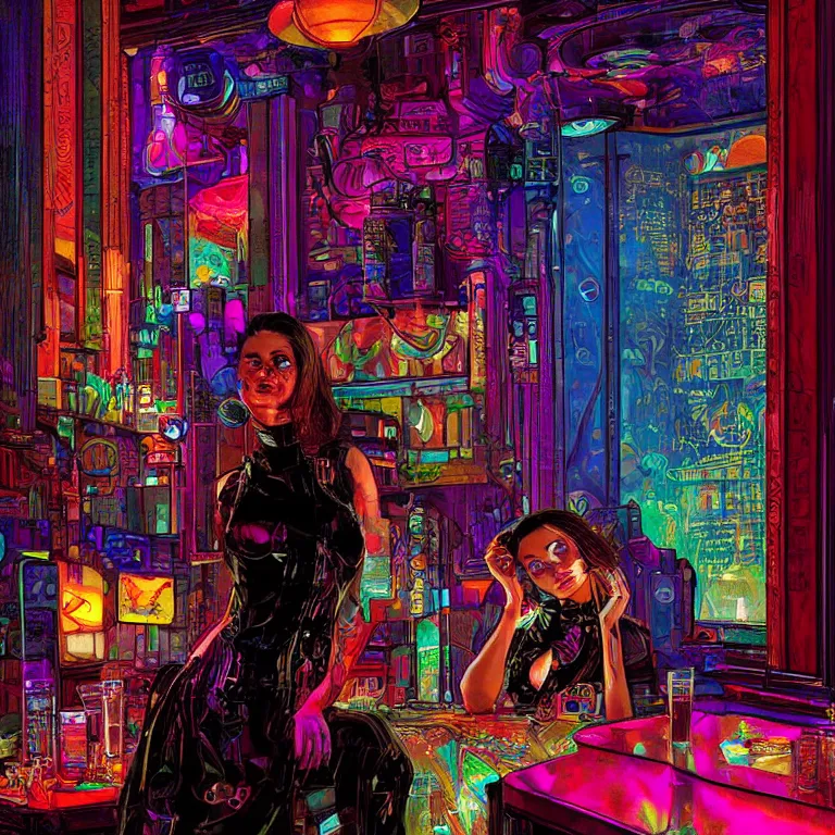 Prompt: beautiful psychedelic digital art of a beautiful cyberpunk lady in a cozy bar by Mad Dog Jones, Norman Rockwell and Ben Erdt