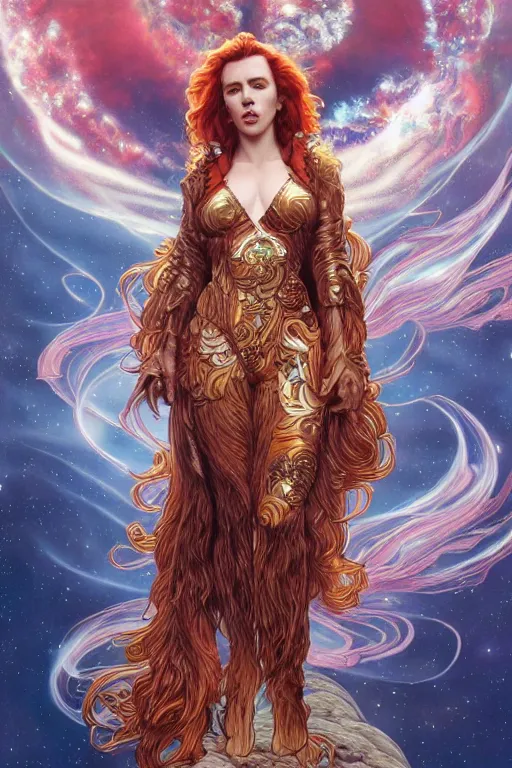 Image similar to celestial anthropomorphic irish setter scarlett johansson, by artgerm and yoshitaka amano and moebius and alphonse mucha, hyperdetailed, dc comics, ornate, nebula, explosions in the sky, trending on artstation