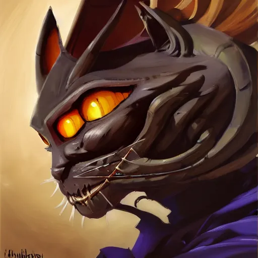 Image similar to greg manchess portrait painting of armored cheshire cat from alice in wonderland as overwatch character, medium shot, asymmetrical, profile picture, organic painting, sunny day, matte painting, bold shapes, hard edges, street art, trending on artstation, by huang guangjian, gil elvgren, ruan jia, randy vargas, greg rutkowski