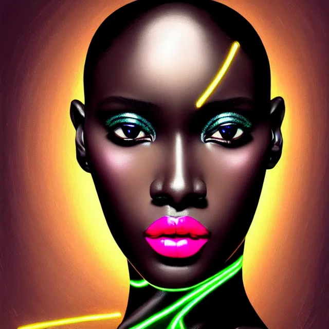 Image similar to african supermodel woman turning into an android portrait, dark surrealism, scifi, intricate, ornate, elegant, sharp eyebrows, platinum hair, highly detailed cybernetic body, neon glowing eyes, digital painting, artstation, concept art, smooth, sharp focus, illustration, art by artgerm and moebius and alphonse mucha