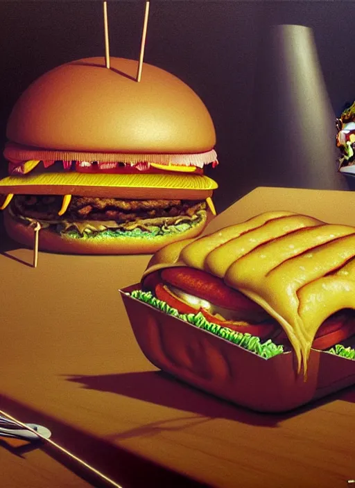 Image similar to hyper detailed 3d render like an Oil painting - Portrait of Palpatine eating a hamburger by Jacek Yerka, Mariusz Lewandowski, Houdini algorithmic generative render, Abstract brush strokes, Masterpiece, Edward Hopper and James Gilleard, Zdzislaw Beksinski, Mark Ryden, Wolfgang Lettl, hints of Yayoi Kasuma, octane render, 8k