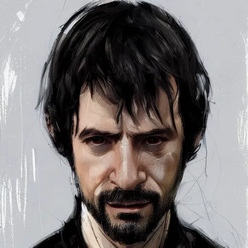 Image similar to Portrait of a man by Greg Rutkowski, he is about 40 years old, short black hair with bangs, his features are a mix between French, Turkish and Russian, dad vibes, he is wearing a white and black utility jumpsuit, highly detailed portrait, digital painting, artstation, concept art, smooth, sharp foccus ilustration, Artstation HQ.