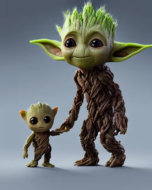 Image similar to a portrait of baby groot and baby yoda walking whilst holding hands, highly detailed, trending on artstation, bokeh, 9 0 mm, f / 1. 4