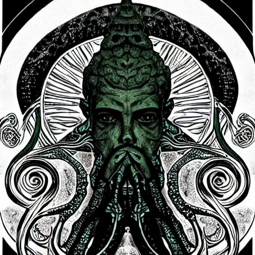 Prompt: Lovecraft:: ocean:: night:: Chtulhu green eyes:: storm:: lighting:: art nouveau